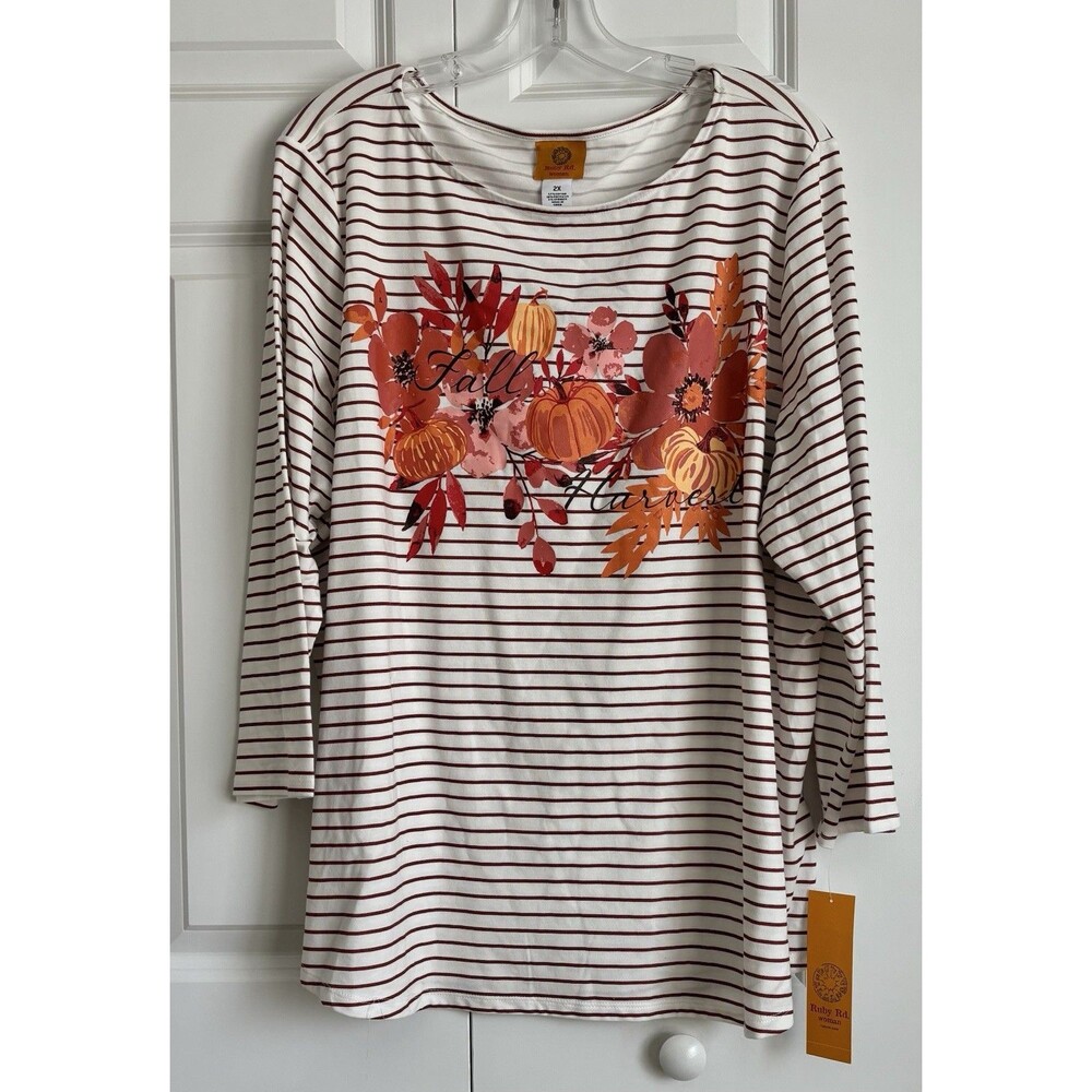RUBY RD. WOMENS TOPS SIZE 2X HARVES FALL AUTUMN STRIPED KNIT CREW NECK 3/4 SLEEV